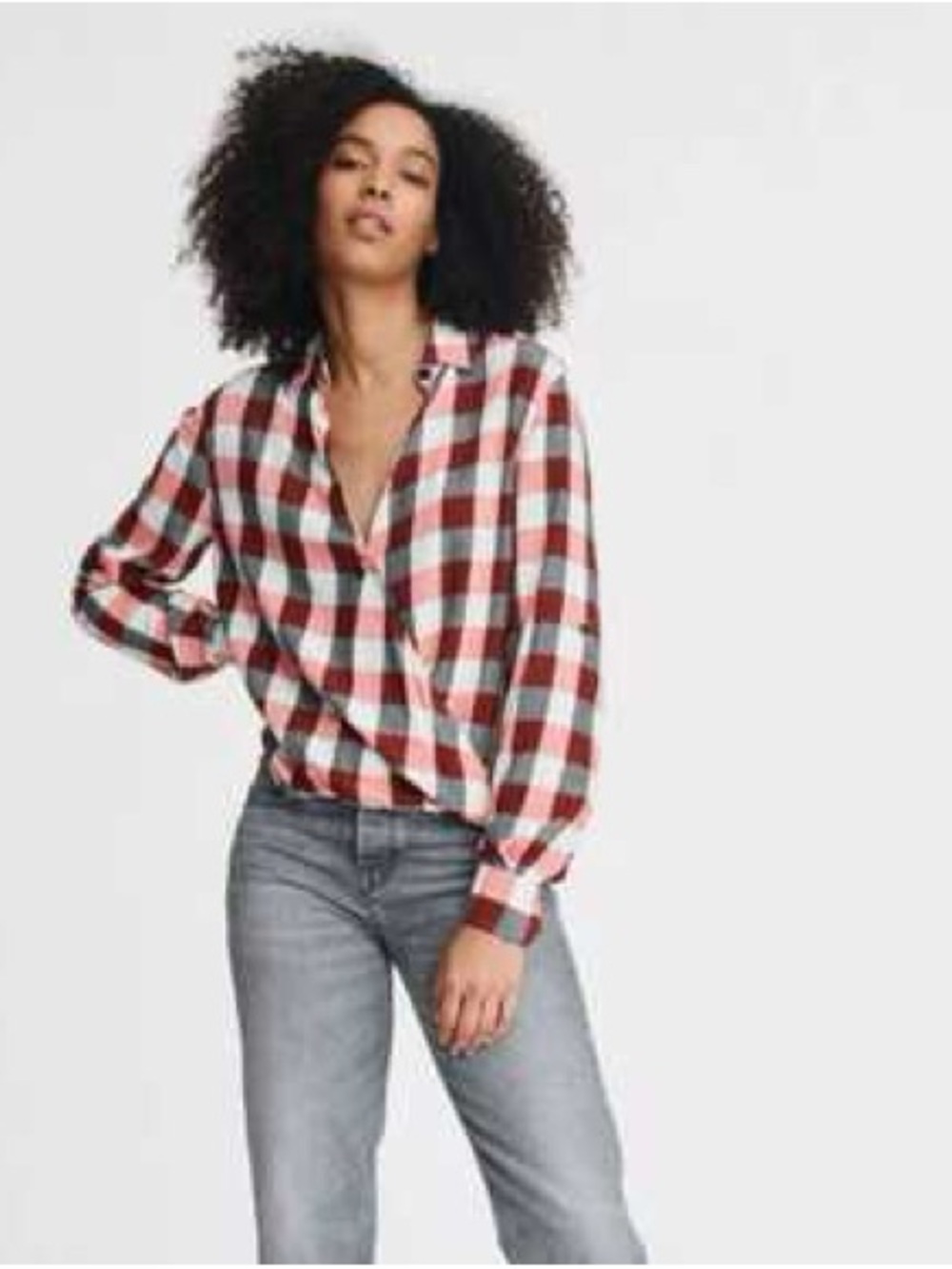 Rag & Bone Plaid Wrap Front Popover Shirt M Red Grey Buffalo Check Rayon